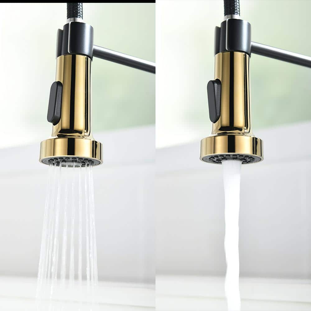 Matte Black and Polished Gold Pull Down Kitchen Faucet with Spray