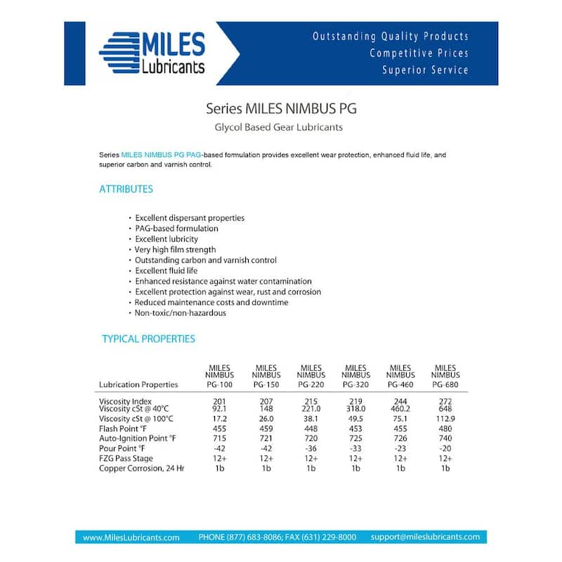 Miles Nimbus Pg 460 - 5 Gal. Pag Based Fluid Polyglycol Industrial Gear Oil