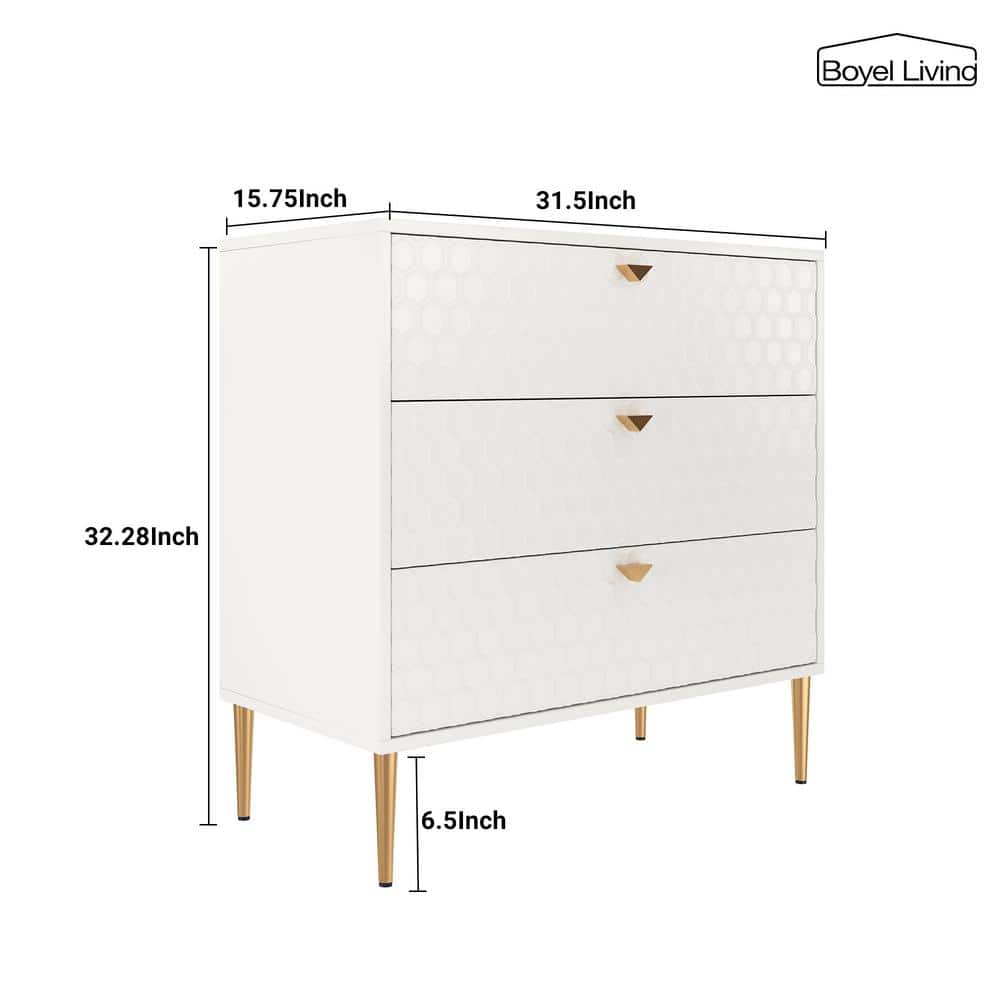 White Honeycomb Pattern 3-Drawer Mid-Century Modern Accent Cabinet