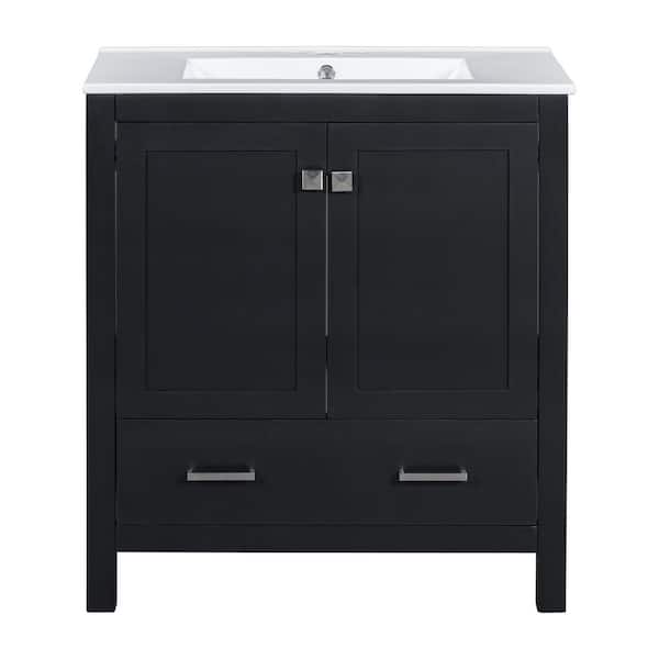30 in. Single Sink Freestanding Black Bath Vanity with White Ceramic Top, Removable Divider, Powerful Storage