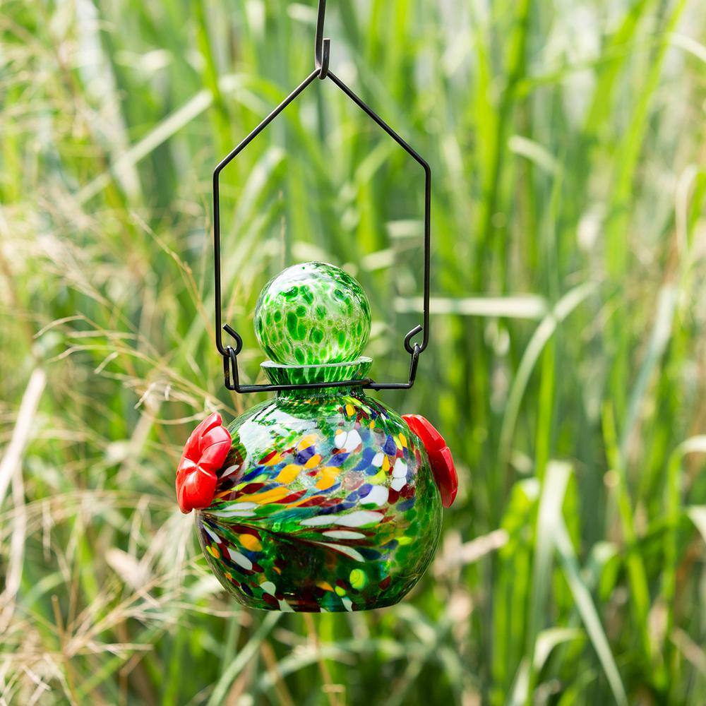 Green Hand-Blown Glass Hanging Hummingbird Feeder with Solar LED