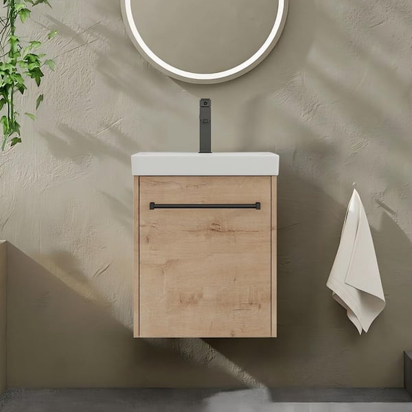 Modern 17.3 in.W X 13.5 in. D x 21.3 in. H Floating Bath Vanity Cabinet in Imitative Oak with White Ceramic Top