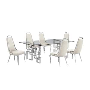 Dominga 7-Piece Glass Top 46" with Stainless Steel Set with 6 Cream Velvet Chairs.