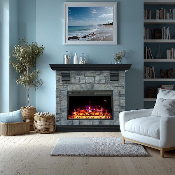 42 in. Freestanding TV Stand with 23 in. Electric Fireplace Insert, Stone Brick Mantel Surround, Gray