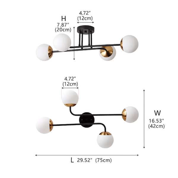 Aiwen 28 in. Modern 4-Light Black Semi Flush Mount Industrial Black and Gold Sputnik Chandelier