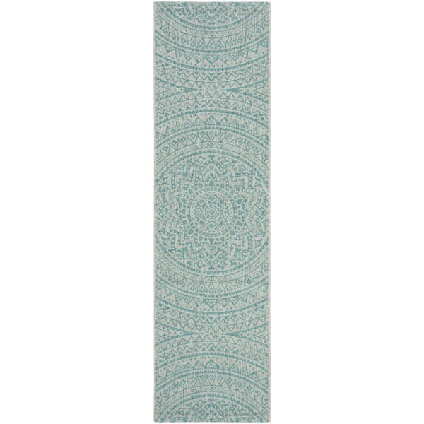 Courtyard Light Gray/Aqua 2 ft. x 5 ft. Medallion Indoor/Outdoor Runner Rug