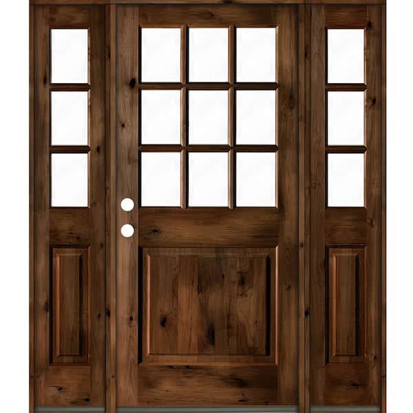 Krosswood Doors 64 in. x 80 in. Rustic Knotty Alder Provincial Stain Right-Hand 15-Lite Clear Wood Single Prehung Front Door/Sidelites
