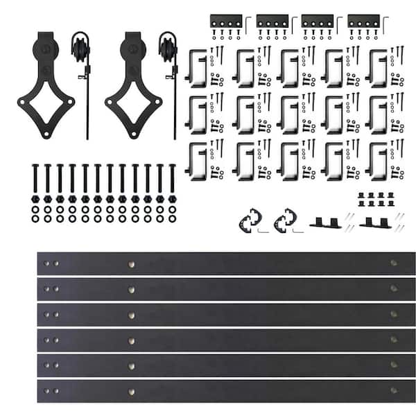 HOMACER 20 ft./240 in. Black Rustic Double Track Bypass U-Shape Sliding Barn Door Hardware Kit - Diamond Design Roller