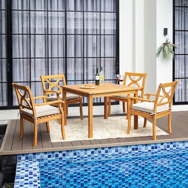 Kinsley 5-Piece Teak Wood Outdoor Dining Set with Beige Cushion