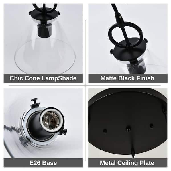 Jasslynn 40-Watt 3-Light Matt Black Industrial Pendant Light with Cone Clear Glass Shade for Kitchen Island Foyer