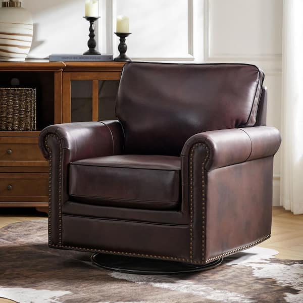 Jacindo Expresso Traditional Genuine Leather Swivel Rocking Accent Chair with Nailhead Trims