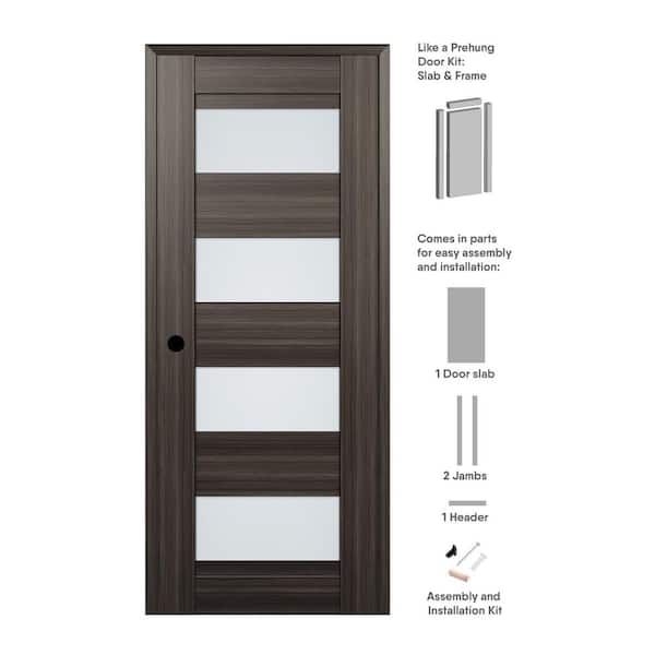 Belldinni Della 24 in. x 80 in. Right-Hand Frosted Glass Solid Core 4-Lite Gray Oak Wood Composite Single Prehung Interior Door