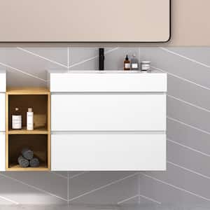 NOBLE 30 in. W x 18 in. D x 25 in. H Single Sink Floating Bath Vanity in White with White Solid Surface Integral Top