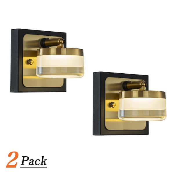 W 5 in. 1-Light Square Black and Brass Integrated LED w/White Acrylic Shade Adjustable Head Bathroom Vanity Light 2-Pack