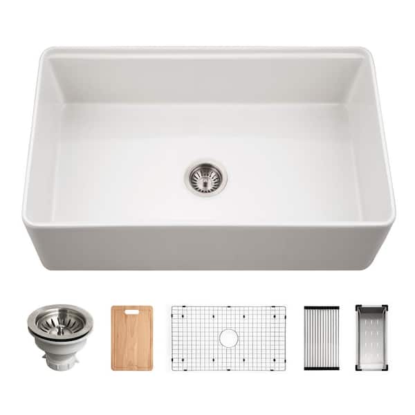 Aspire 33 in Matte Gray Fireclay Farmhouse Apron Front Single Bowl Workstation Sink with Accessories PTW-3320S GR