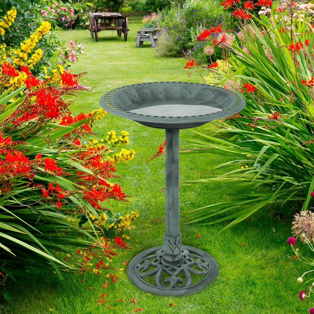 Antique Patina Green Weather-Resistant Plastic Bird Bath with Stand