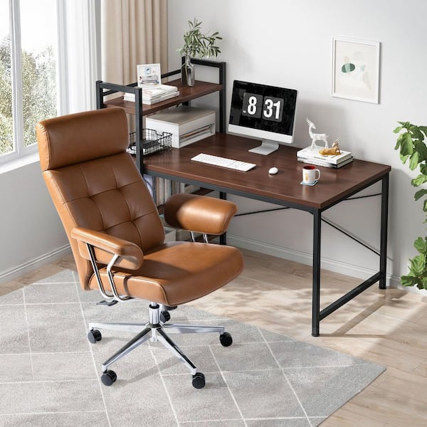 Mid-Century Modern Brown Faux Leather Gaslift Adjustable Swivel Office Chair in Brown with Armrest