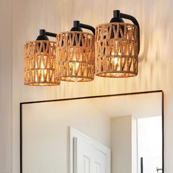 Boho 18.9 in. 3-Light Matte Black Vanity Light with Yellow Woven Shade