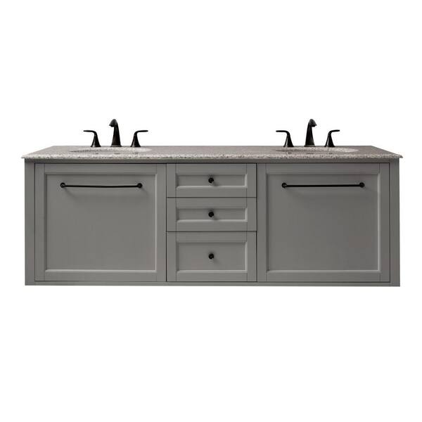 Home Decorators Collection Hamilton 68 in. W Wall Hung Double Vanity in Grey with Granite Vanity Top in Grey with White Sink