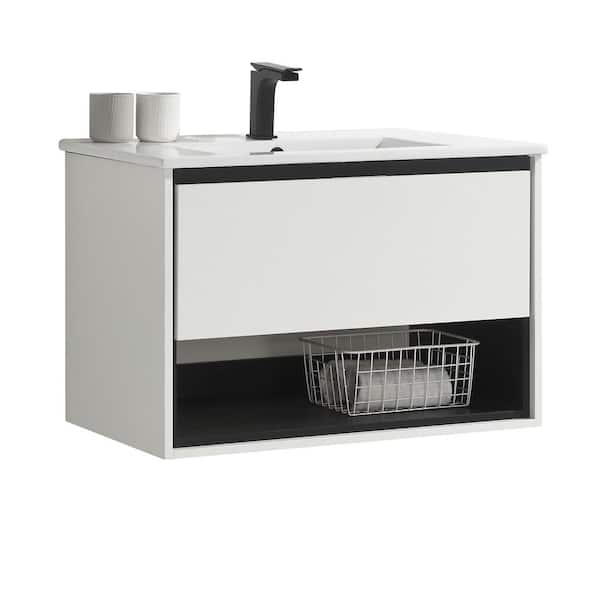 JimsMaison Eimi 32 in. W x 18 in. D x 20 in. H Bathroom Vanity Side Cabinet in White with White Ceramic Top