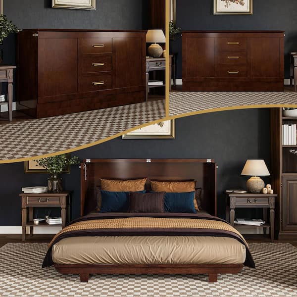 Charleston Walnut Brown Wood Frame Queen Murphy Bed Chest with 6 in. Mattress