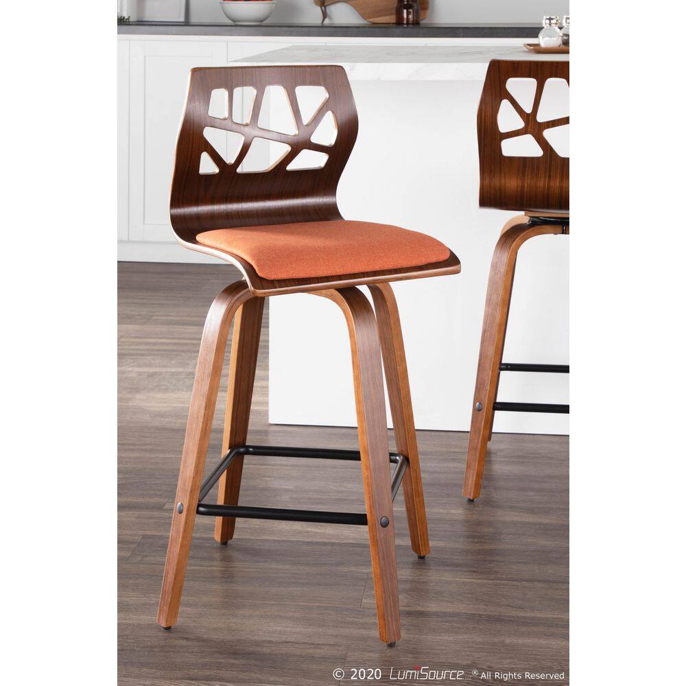 Folia Mid-Century Swivel Counter Stool Set in Orange, Walnut, and Black