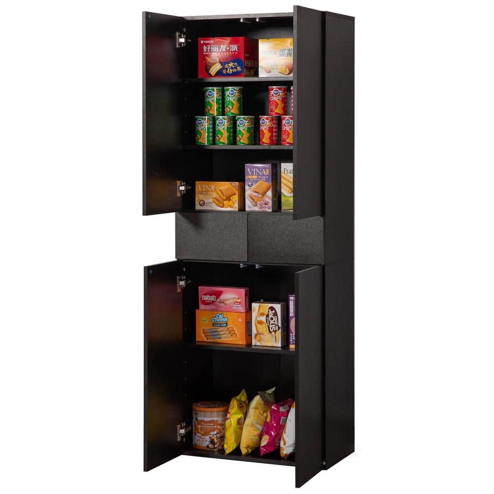 Black Wood 66" Kitchen Pantry Cabinet with Adjustable Shelves and Drawer