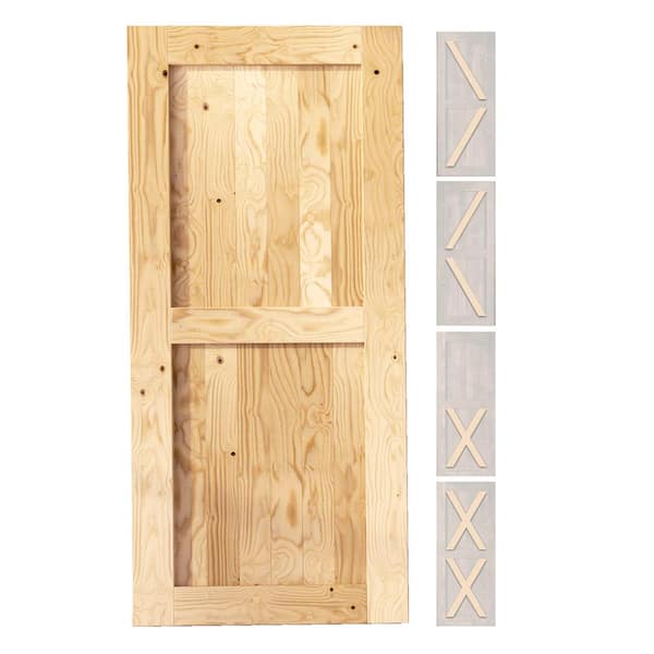 HOMACER 32 in. x 80 in. 5-in-1 Design Unfinished Solid Natural Pine Wood Panel Interior Sliding Barn Door Slab with Frame