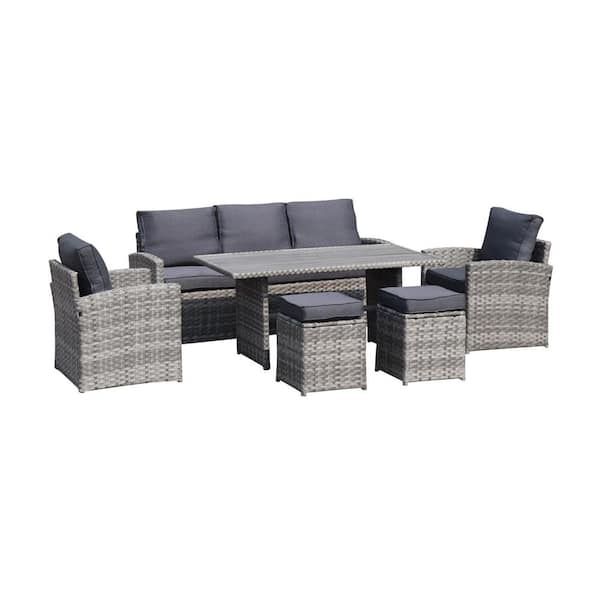 Willit 6-Piece Outdoor PE Rattan Sofa Set Patio Garden Wicker Dining and Coffee Sofa-Grey, Metal, Sectional