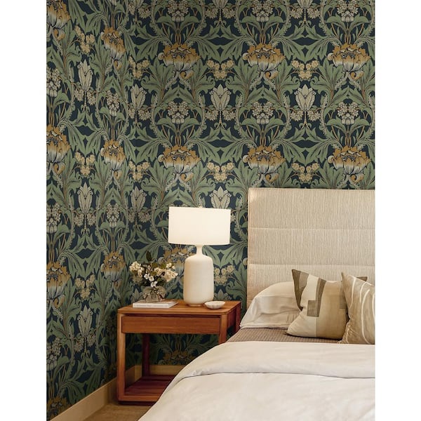 Midnight Blue and Goldenrod Primrose Garden Floral Pre-Pasted Paper Wallpaper Roll (57.5 sq. ft.)