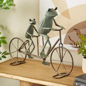 17 in. Metal On Bicycle Frog Garden Sculpture with Gold Accents