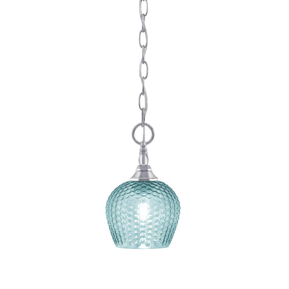 Elva 100-Watt 1-Light Chrome Shaded Pendant Light with Turquoise Glass Shad