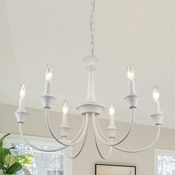 6-Light Vintage White Candlestick Hanging Island Linear Chandelier for Kitchen Island