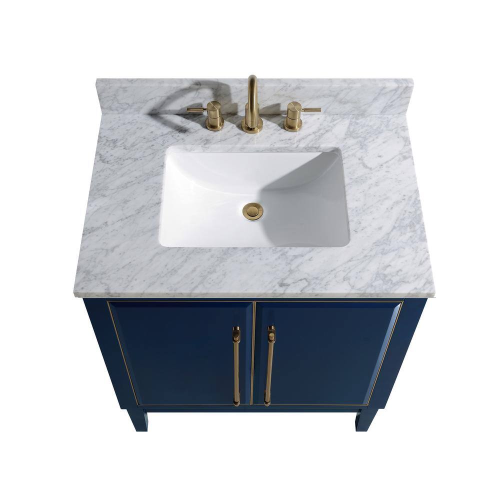 Mason 31" Navy Blue and Gold Solid Wood Vanity with Marble Top