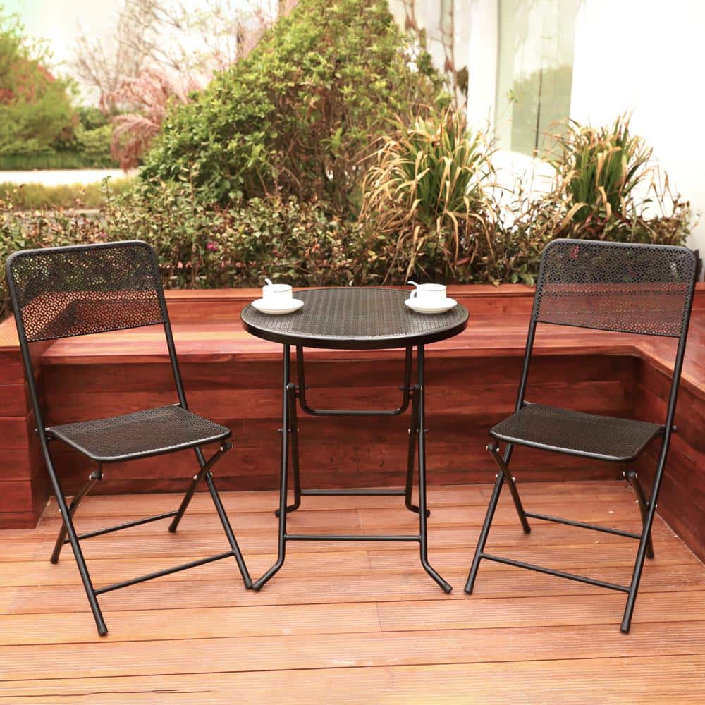 Afoxsos 3-Piece Black Premium Steel Folding Outdoor Patio Bistro Set