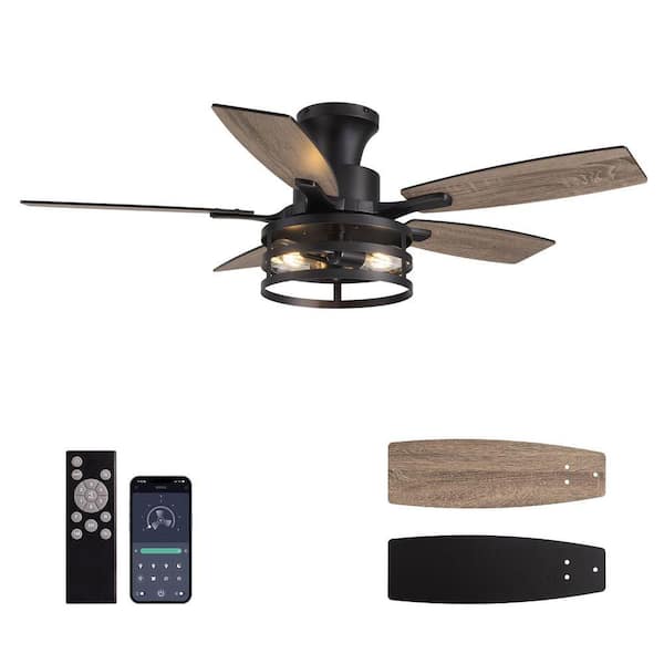 42 in. Flush Mount Farmhouse Ceiling Fan with Light Included Remote Black Caged Ceiling Fan for Indoor