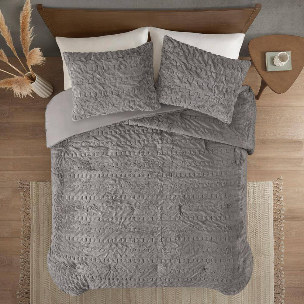 Gray King Ruched Faux Fur Down Alternative Comforter Set