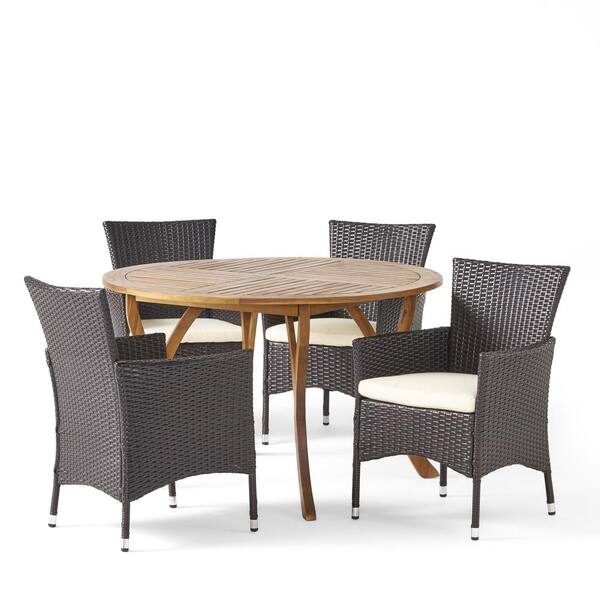 Noble House Albury Multi-Brown 5-Piece Wood and Faux Rattan Outdoor Dining Set with Beige Cushions