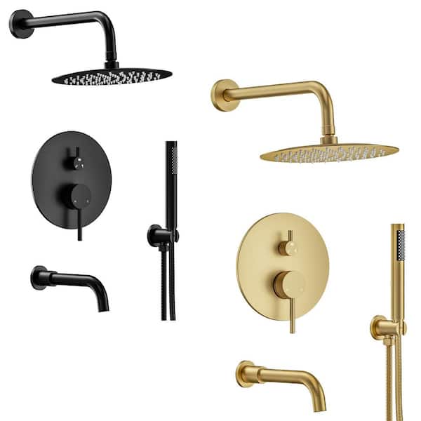 YAWWALK 10 in. Double Handles 3-Spray Tub and Shower Faucet 2.5 GPM in Matte Black and Brushed Gold Valve Included