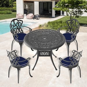 5-Piece Metal Cast Aluminum Outdoor Dining Table and Chairs Patio Furniture Set (with Cushions, Random Colors)