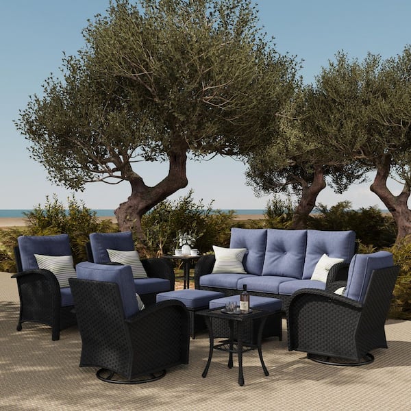 LayinSun 9-Piece Wicker Swivel Outdoor Rocking Chairs Patio Conversation Set with Navy Blue Cushion