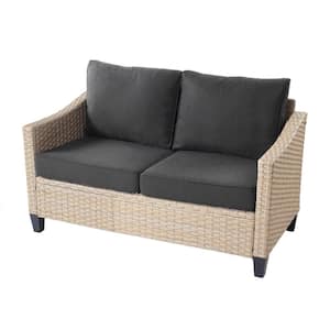 Camelia D Beige 6-Piece Wicker Patio Rectangular Fire Pit Seating Set with Black Cushions and Swivel Rocking Chairs