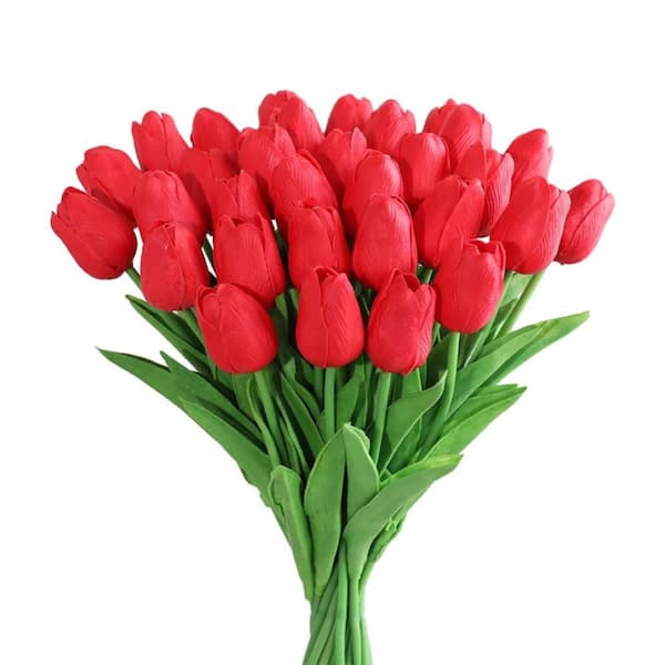 13 in 30Pcs Latex Tulips Real Touch Red Artificial Flowers Fake Tulips Arrangement Bouquet(Red)