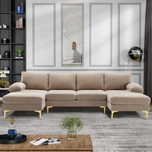 110.63 in W Round Arm 3-piece U Shaped Chenille Sectional Sofa & Chaise in Beige
