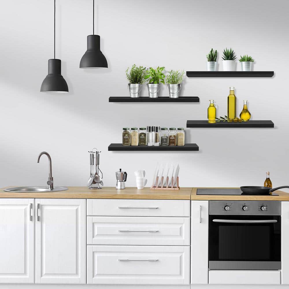 Black Faux Wood Floating Wall Shelves Set of 4