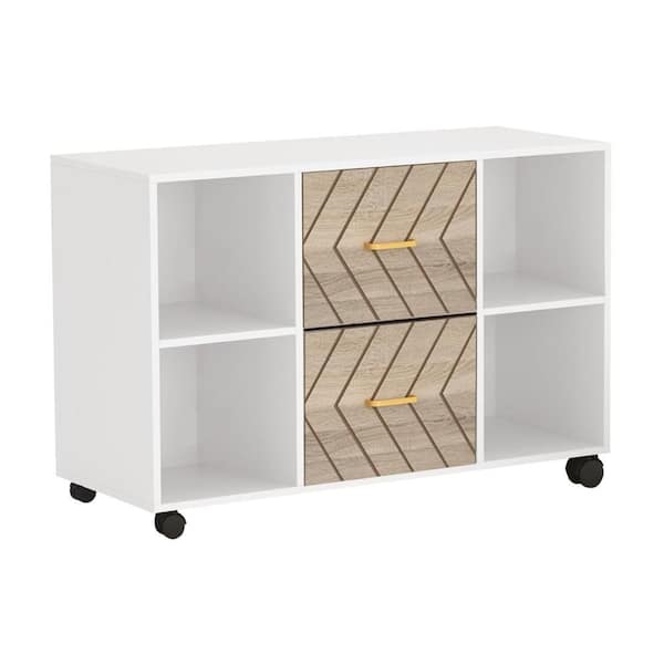 Benjara 2-Drawer White, Brown and Gold MDF Wood 15.7 in. W Vertical File Cabinet with Wheel