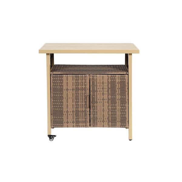 Unbranded Beige Wicker Rolling Outdoor Bar Cart with Lockable Wheel and Storage for Patio, Garden, Backyard or Poolside Use