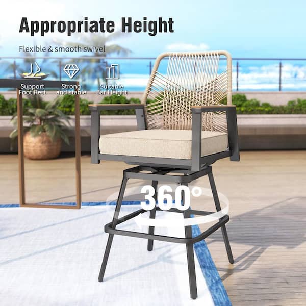PHI VILLA Swivel Metal Patio Woven Rope Outdoor Bar Stools, Bar