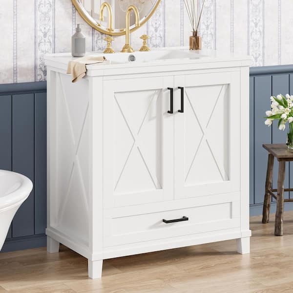 アイ Virubi 30 in. W White Rustic Bath Vanity with White Ceramic