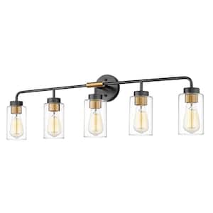36.5 in. 5-Light Black and Gold Finish Modern Vanity Light with Clear Glass Shade, No Bulbs Included